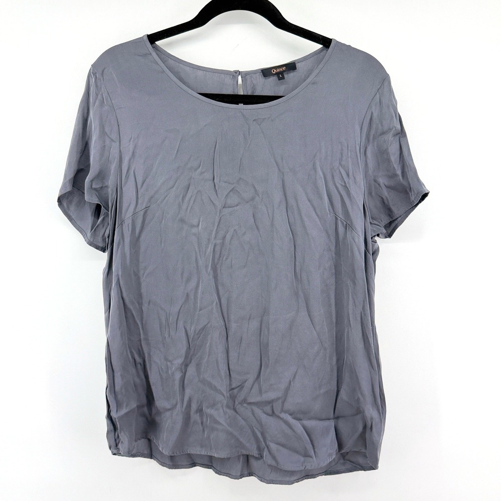 Quince Blouse Stretch Silk Short Sleeve Large Gray Womens Professional Office